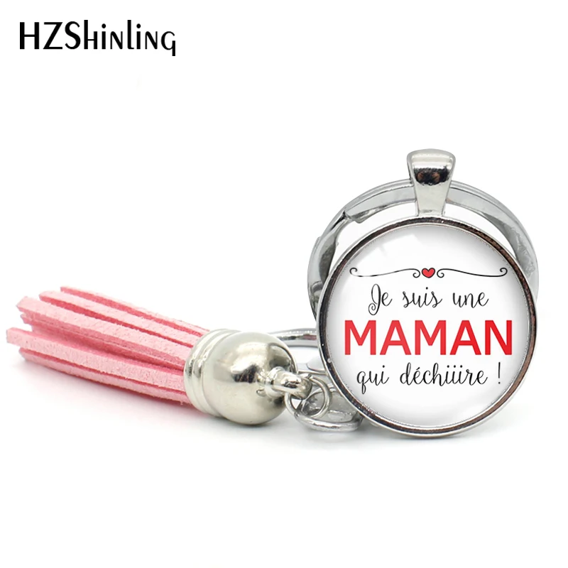 2019 New Je Suis Une Super Maman Tassel Keychain Love Mom Keychains Glass Dome Handmade Jewelry