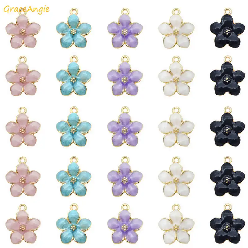 GraceAngie 10pcs Metal Enamel Flower Charm Blue Purple Pink Color Pendants For Bracelet Earrings Jewelry DIY Accessory Findings