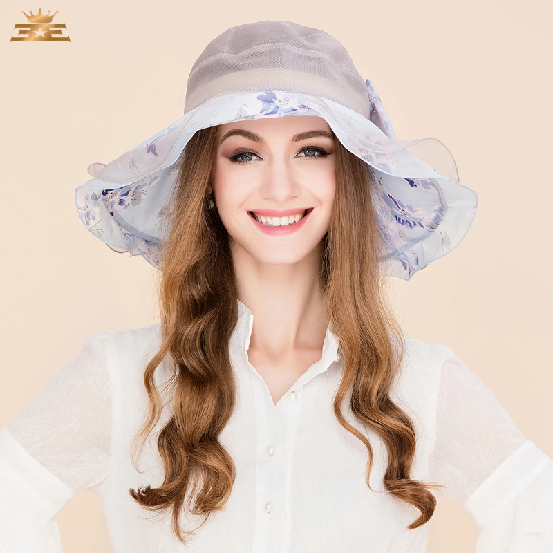 

Women 100% Organza Hat Large Brim Bowknot Decoration Flowers Elegant Ladies Wedding Dress Derby Floppy Hats B-8193