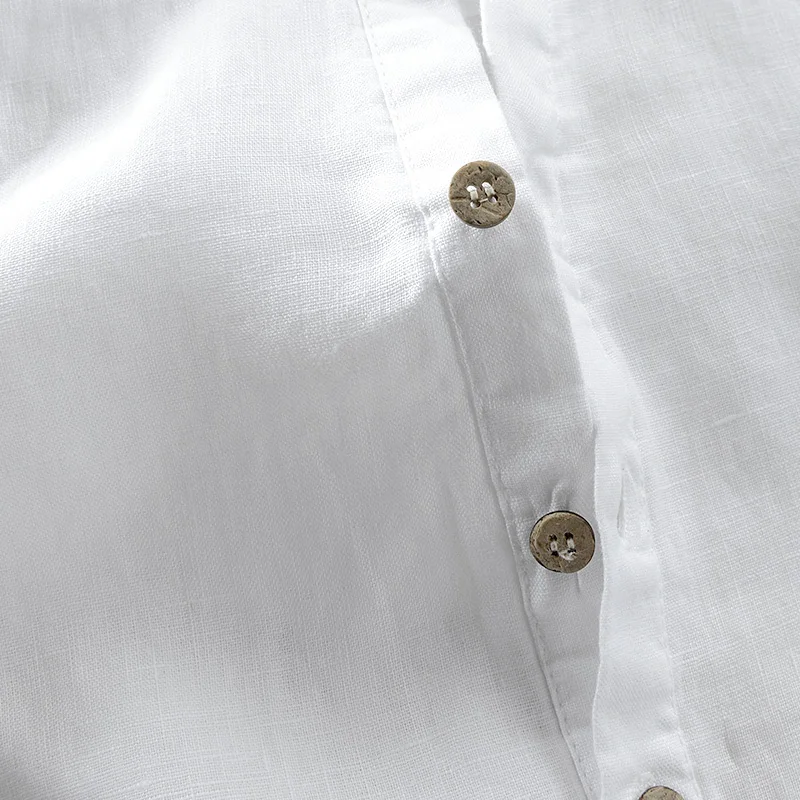 New pure linen short-sleeved shirt stand collar casual simple white shirt men brand vintage wooden buckle design camisa