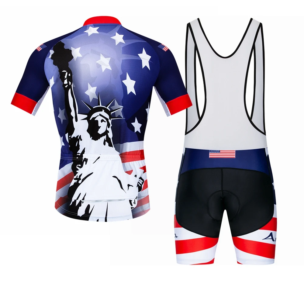 2021 Men Cycling Jersey Set USA America Short Sleeve MTB Bike Shirt Jacket Bicycle Gel Bib Shorts Maillot Ciclismo Ropa Red Blue