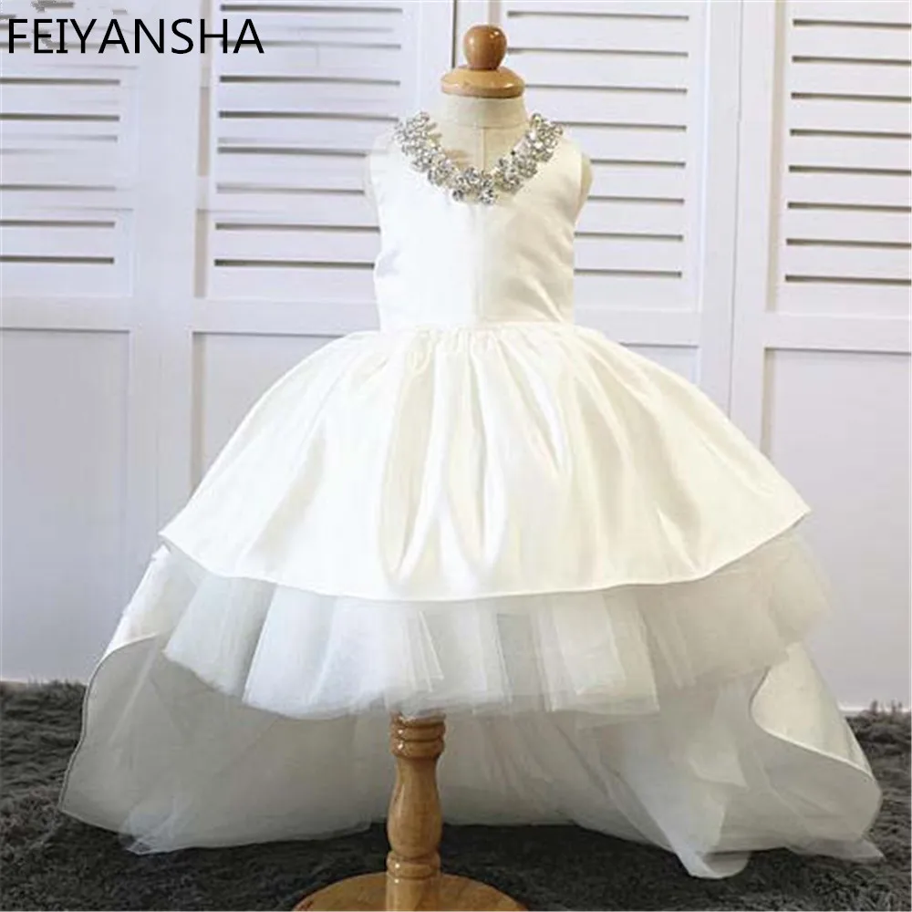 White Ivory Flower Girl Dress Kids Pageant Birthday Formal Party Lace Long Dress Bowknot First Communion Dress Prom Gown 3M-14Y