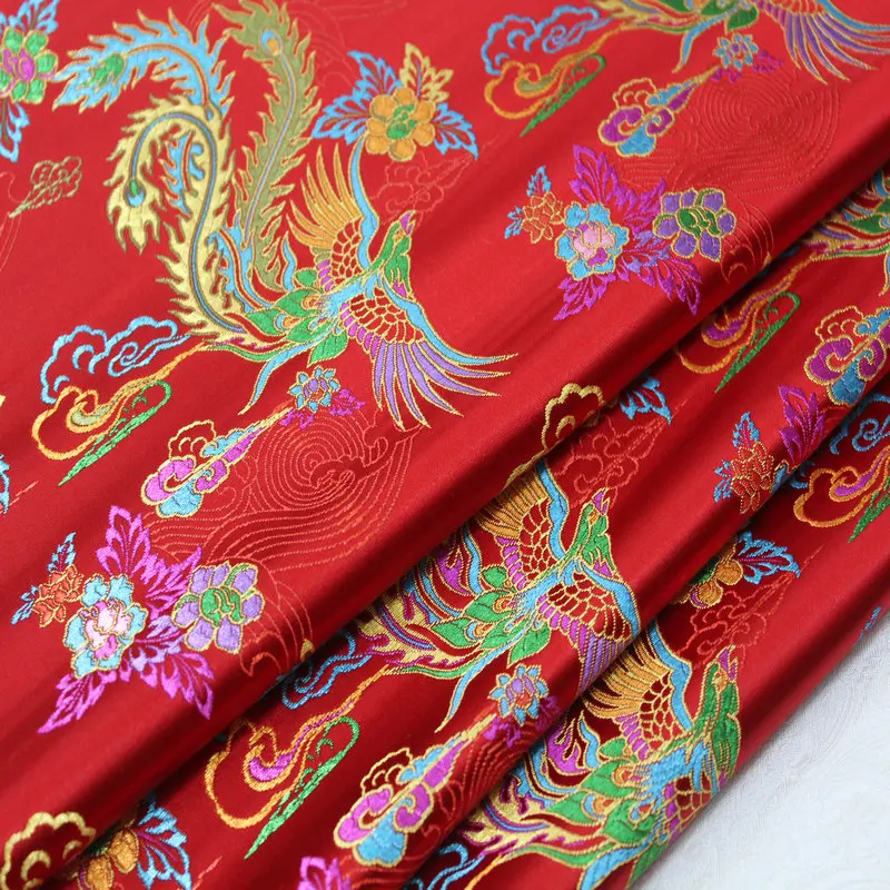 CF524 Red Phoenix Embroidered Brocade Fabric Chinese Silk Stain Fabric For Chinese Bride Wedding Clothes Chinese Style Gifts DIY