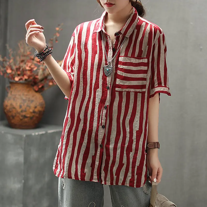 New Arrival Women Shirts Summer Vintage Striped Linen Blouse Turn-down Collar Female Loose Casual Ladies Tops D2