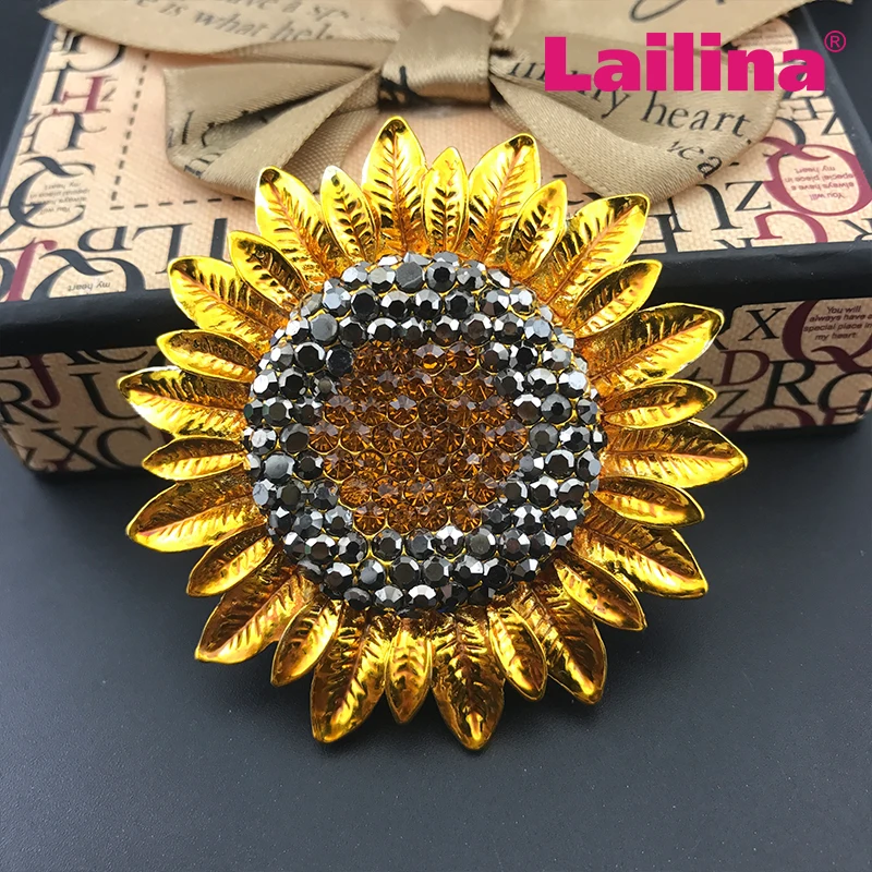 55mm Fashion Jewelry Charming Sunflower Flowers Yellow Rhinestone Crystal Brooch Pin