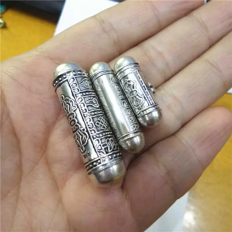 T9040 Tibetan Prayer Box Charms Lovely Mini Cylinder Amulets Lockets OM Buddha Eye Dorje GAU 925 Silver