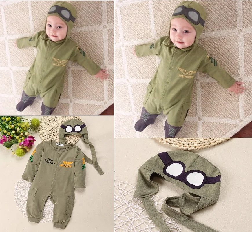 Army Green Baby Rompers Pilot Airman Costumes Baby Boy Clothes Hat Space Jumpsuit + Cap Fly Aviator\'s Helmet Without Foot Cotton