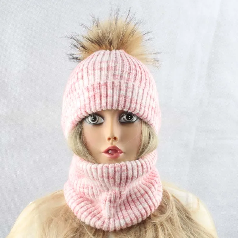 Women's Hat and Snood Winter Fleece Inside Soft Wool Knitted Beanie Cap 100% Mink Fur Pompom Hat Sacrf