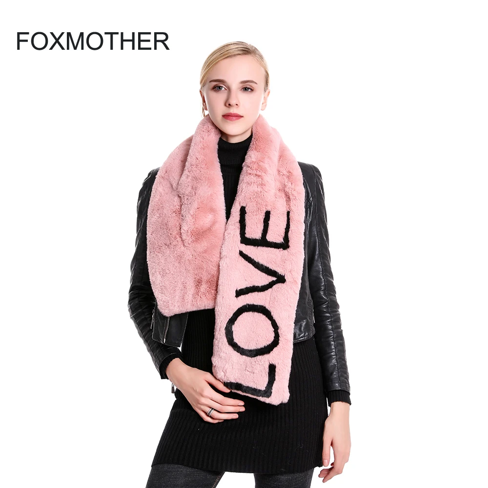 FOXMOTHER 2021 New Winter Fashion Soft Black Pink Faux Fur Collar Scarf Love Letter Scarves Women Gifts