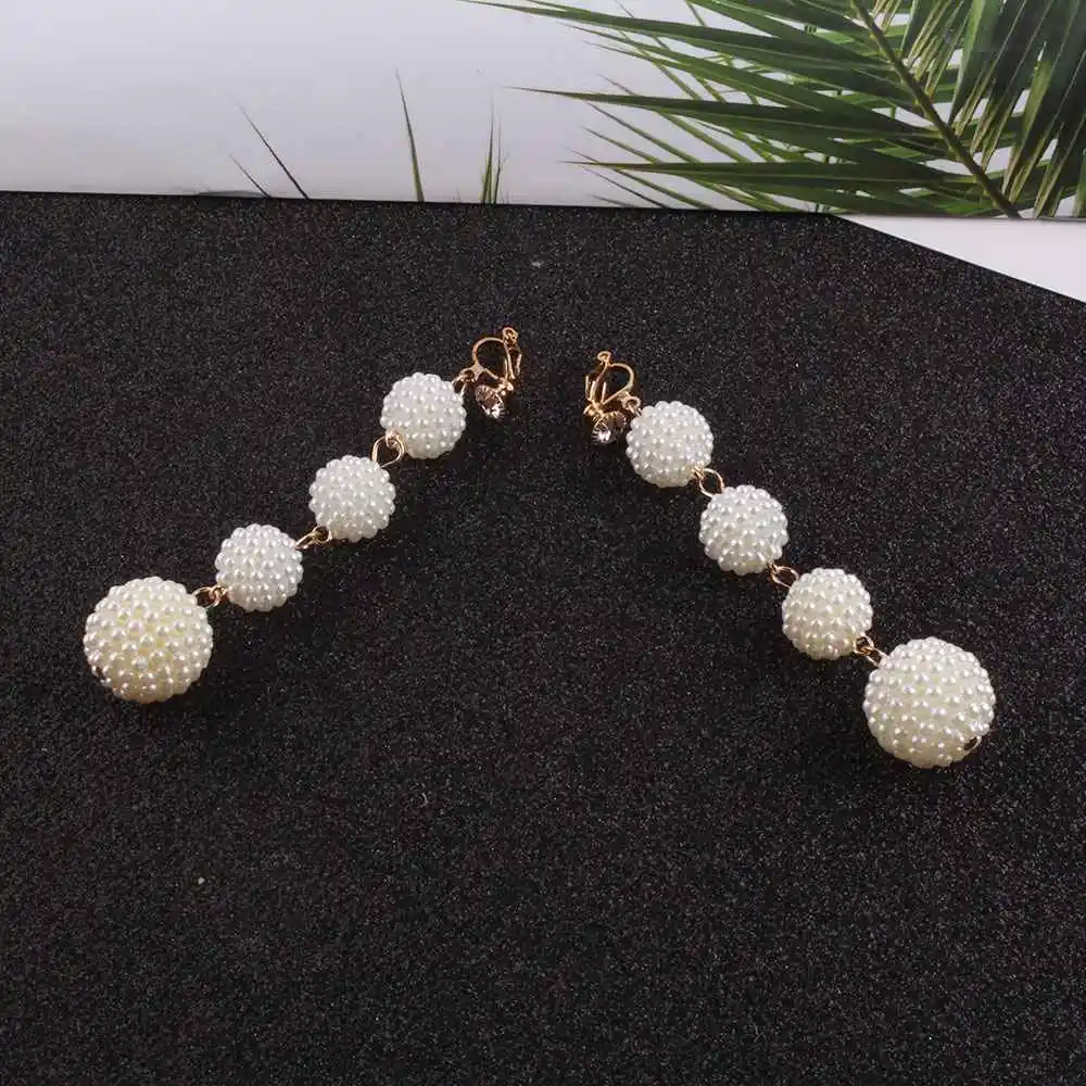 JIOFREE New Long simulated pearl Clip on Earrings No Pierced for Girl Party Needn\'t Ear Hole Earrings Korea Style