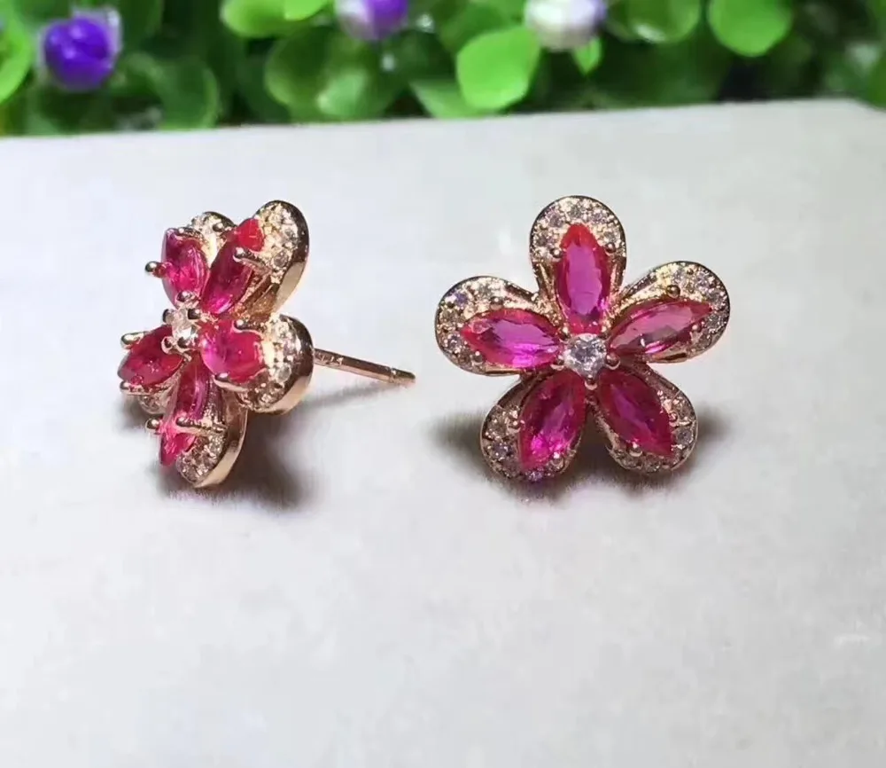 Flower Ruby stud earring Natural and real ruby 925 sterling silver Fine jewelry 3*6mm *10pcs gem