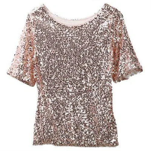 2018 New Fashion Hot Sexy Women Lady Sequined Bling Shiny Short Sleeve Casual Loose Shirt Off Shoulder T-shirt