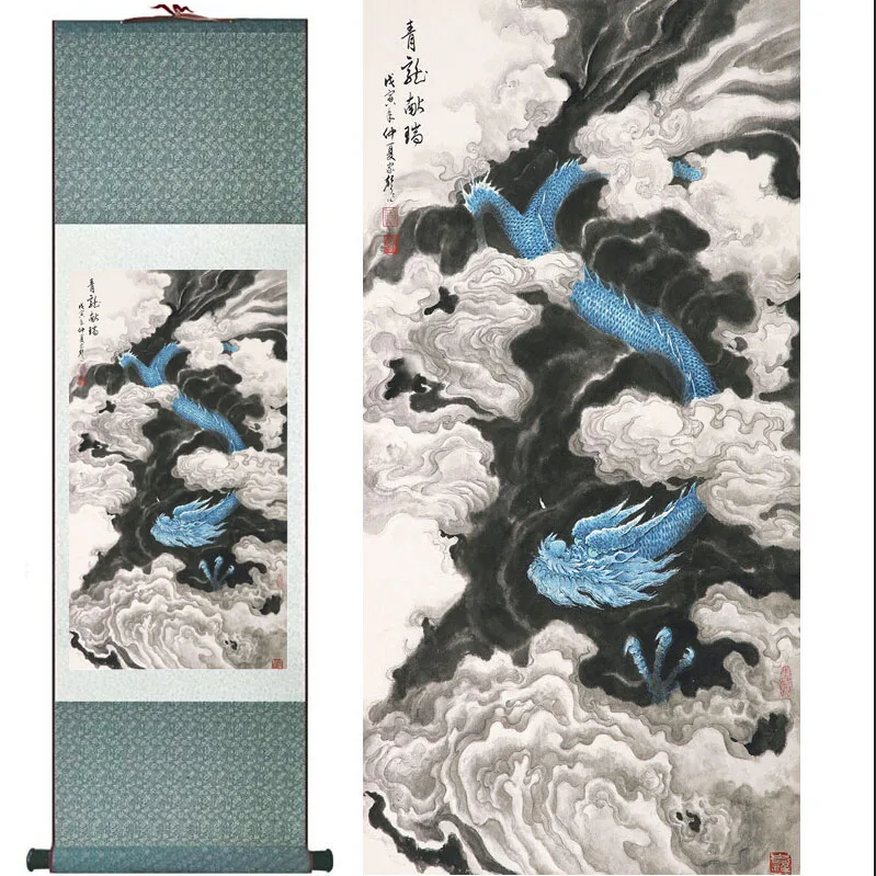 Top qualtiy Dragon painting  Blue color  dragon painting   Chinese scroll painting dragon painting