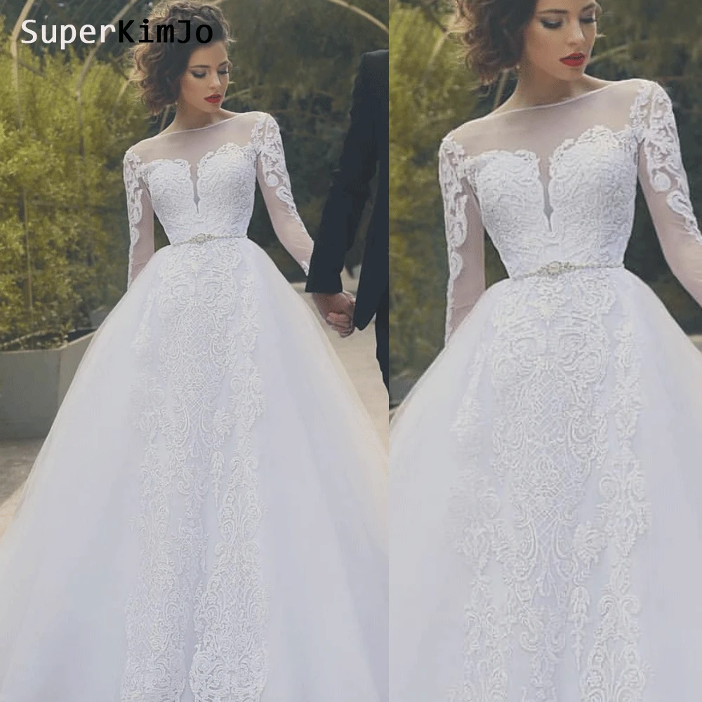 

SuperKimJo Long Sleeve Wedding Dresses 2020 Lace Applique Elegant Beaded Boho Ball Gown Wedding Dress Vestido De Noiva