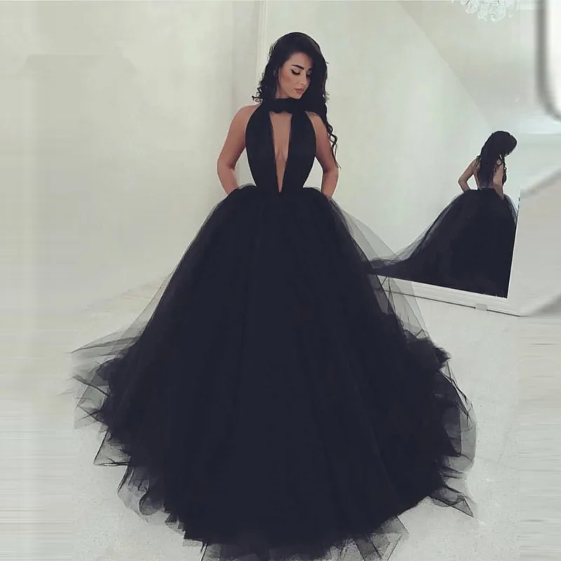 Preto muçulmano vestidos de casamento 2021 vestido de baile halter tule aberto volta sexy islâmico dubai árabe saudita longo vestido de casamento