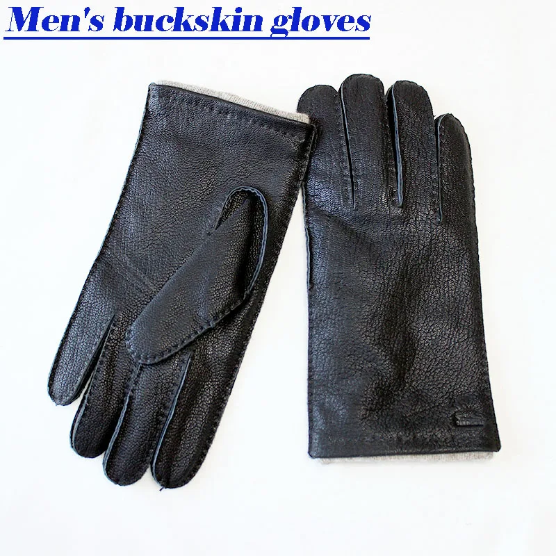 Leather Deerskin Gloves Men's Retro Style Hand-stitched Straight Brown Wool Lining Autumn Warm Finger Gloves Free Shipping