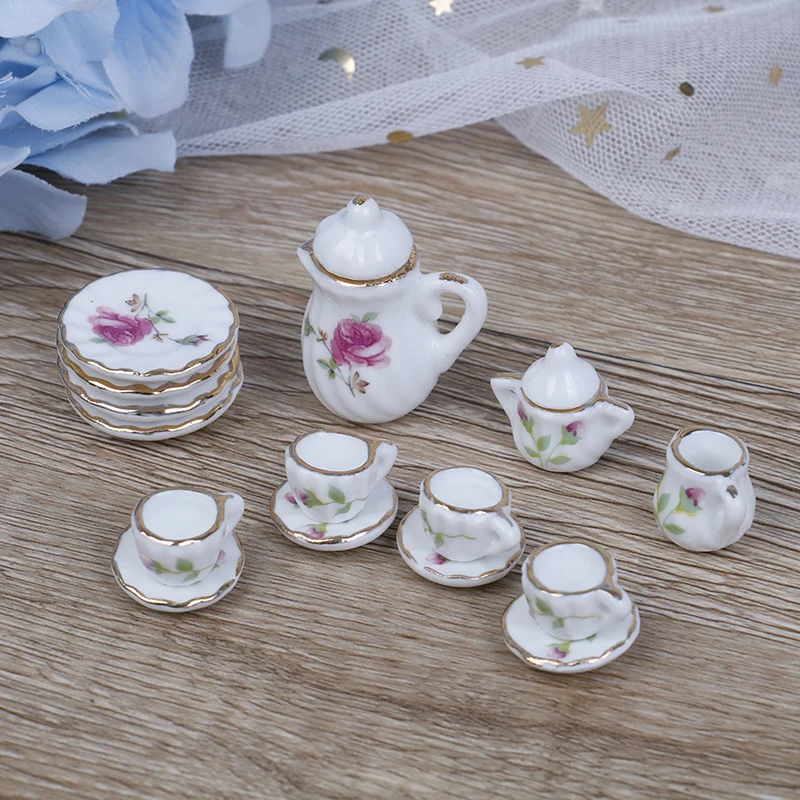 15PCS 1/12 Miniature doll house pink Flower Patten Porcelain Coffee Tea Cups Ceramic Tableware Dollhouse Kitchen Accessories
