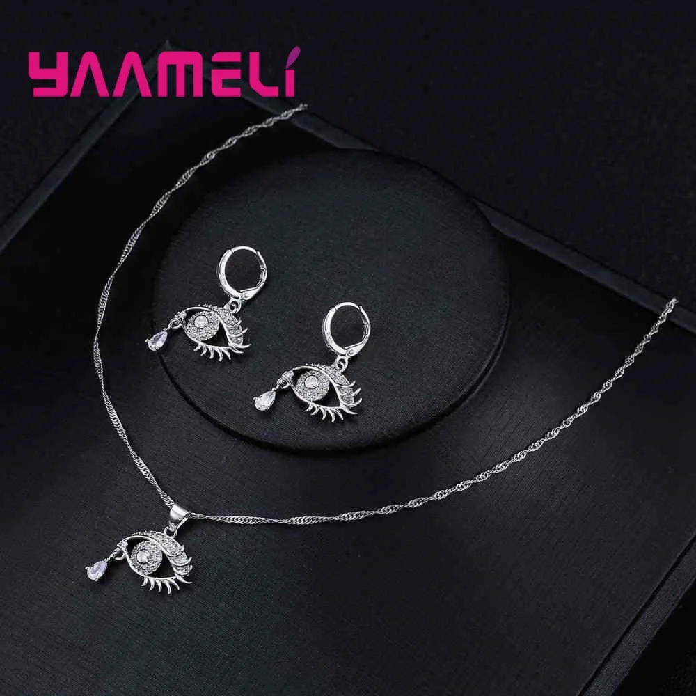 Women Rhinestone Necklaces Earring Set For Engagement Gift Fashion 925 Sterling Silver Water Drop Bridal Wedding Sets