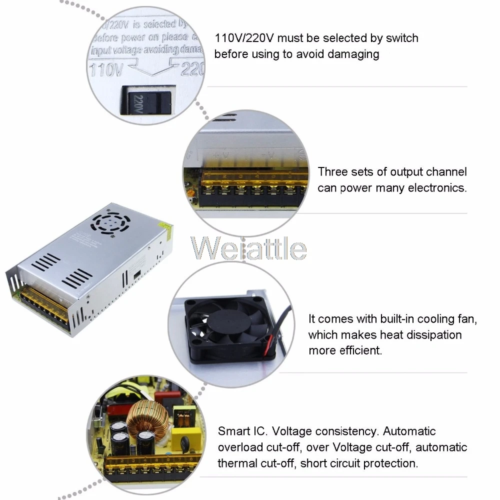 Alimentation électrique, 5V 12V 15V 18V 24V 36V 48V 60V, 36W 60W 100W 120W 150W 180W 200W 300W 360W 400W 480W SMPS, W 500W 600W