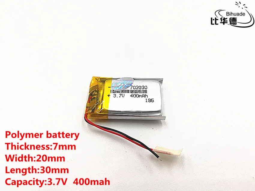 2pcs/lot Good Qulity 3.7V,400mAH,702030 Polymer lithium ion / Li-ion battery for TOY,POWER BANK,GPS,mp3,mp4