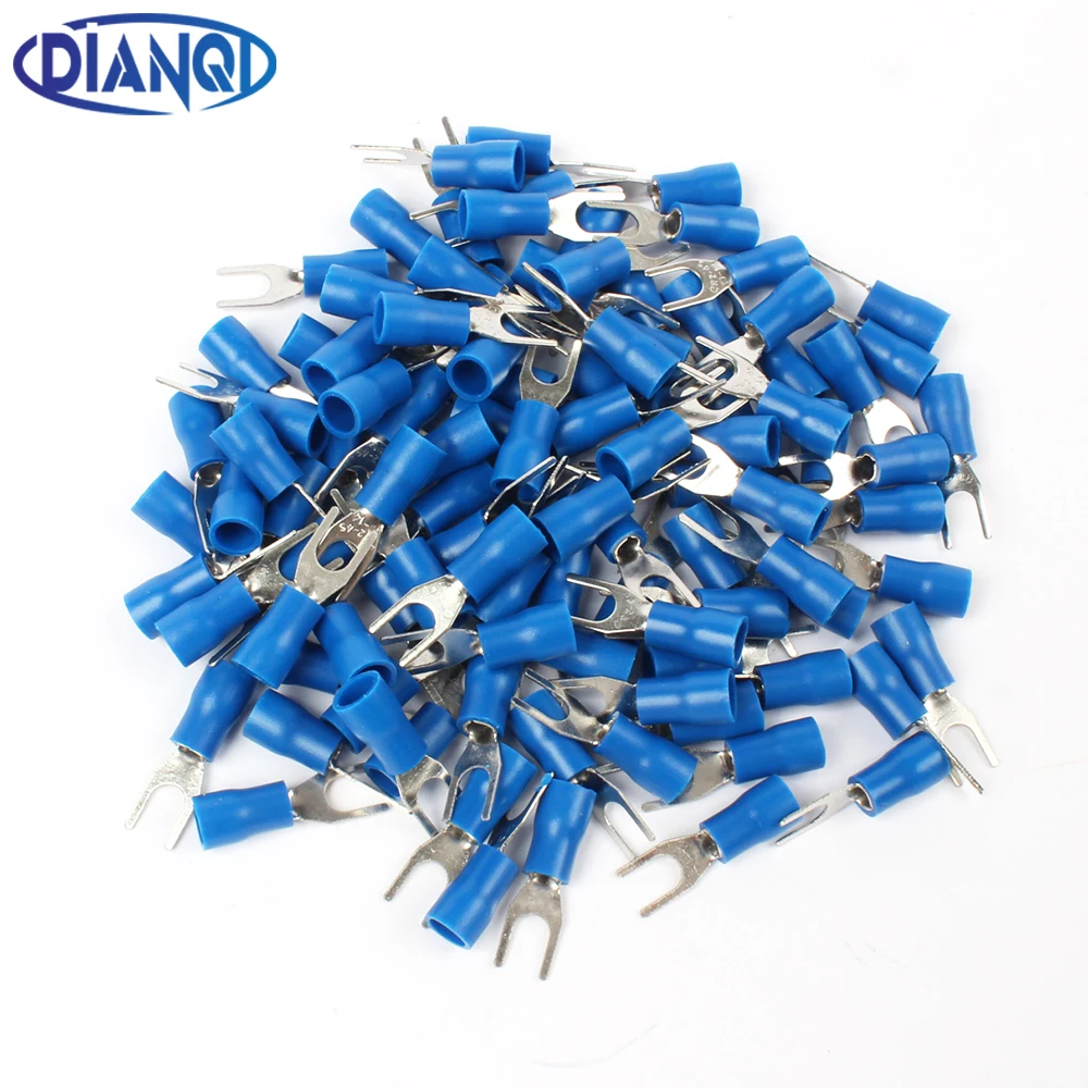 SV2-4 Blue Furcate Cable Wire Connector 100PCS/Pack Furcate Pre-Insulating Fork Spade 16~14AWG Wire Crimp Terminals SV2.5-4 SV