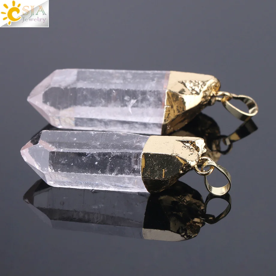 CSJA Irregular Natural Crystal Pillar Pendants Healing Clear Quartz Necklace Gold Color Necklaces for Women Men Random Size F804