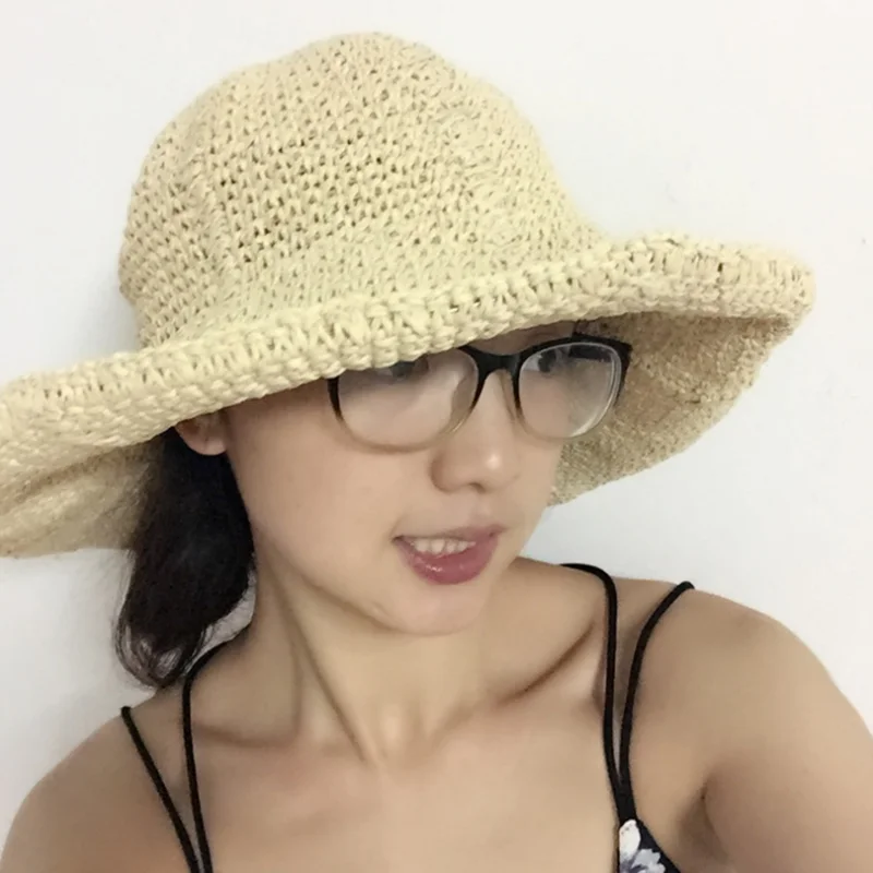 

Foldable Straw Hat Female Sun Shade Fashion Handmade Crochet Eaves Hats Tourism Holiday Beach Openwork Lace Sunscreen Caps H061