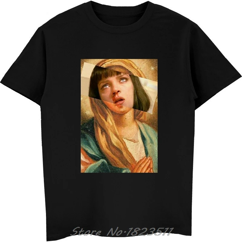 Harajuku Male T-shirt Virgin Mary Mixed Pulp Fiction Mia Wallace T Shirt Men Summer Tshirts Funny Camisetas Novelty Tops Tees