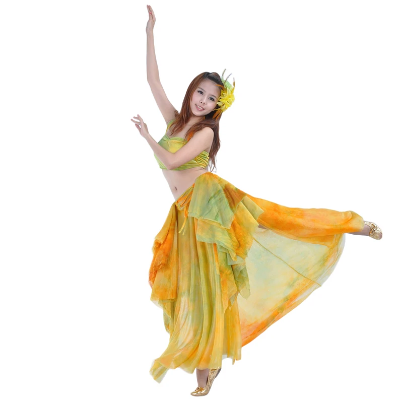 The new Tie dyed skirt suit belly dance practice costumes belly dance practice performance suit top+skirt 2pcs set 2 colors