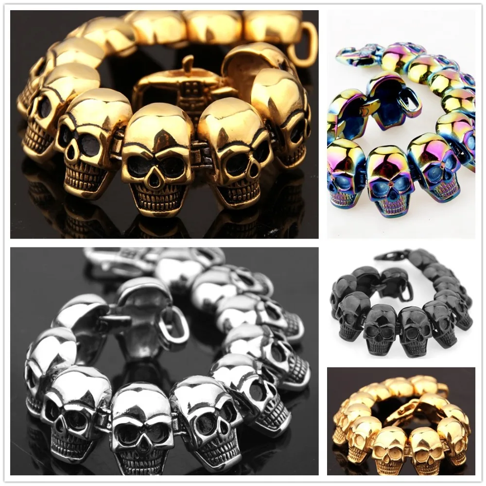 5 Color Choose Rock Roll 316L Stainless Steel Skeleton Skull Biker Head Cool Jewelry Men's Bracelet Bangle 8.66