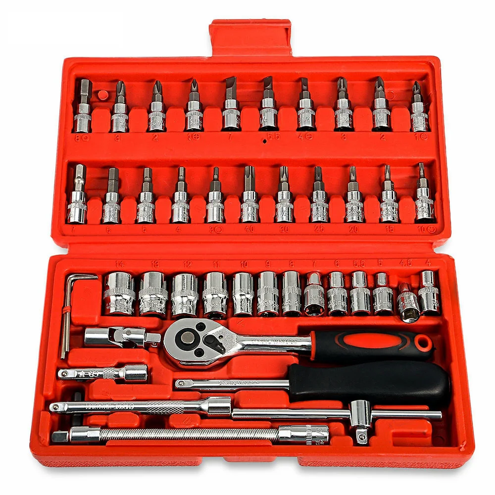 Car Repair Tool 46pcs 1/4-Inch Socket Set Car Repair Tool Ratchet Torque Wrench Combo Tools Kit Auto Repairing Tool Set