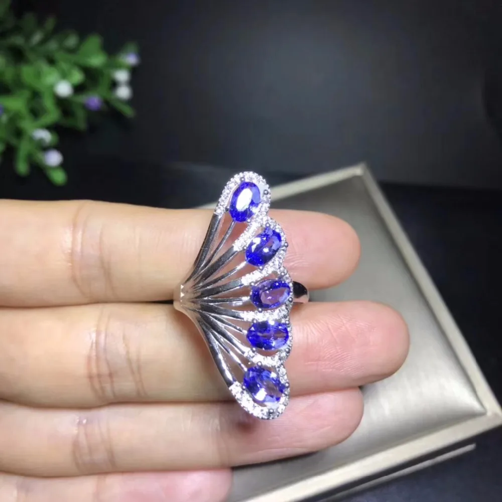 Popular design, fan shape, natural tanzanite ring, 925 silver, precious stones, gem shop monopoly