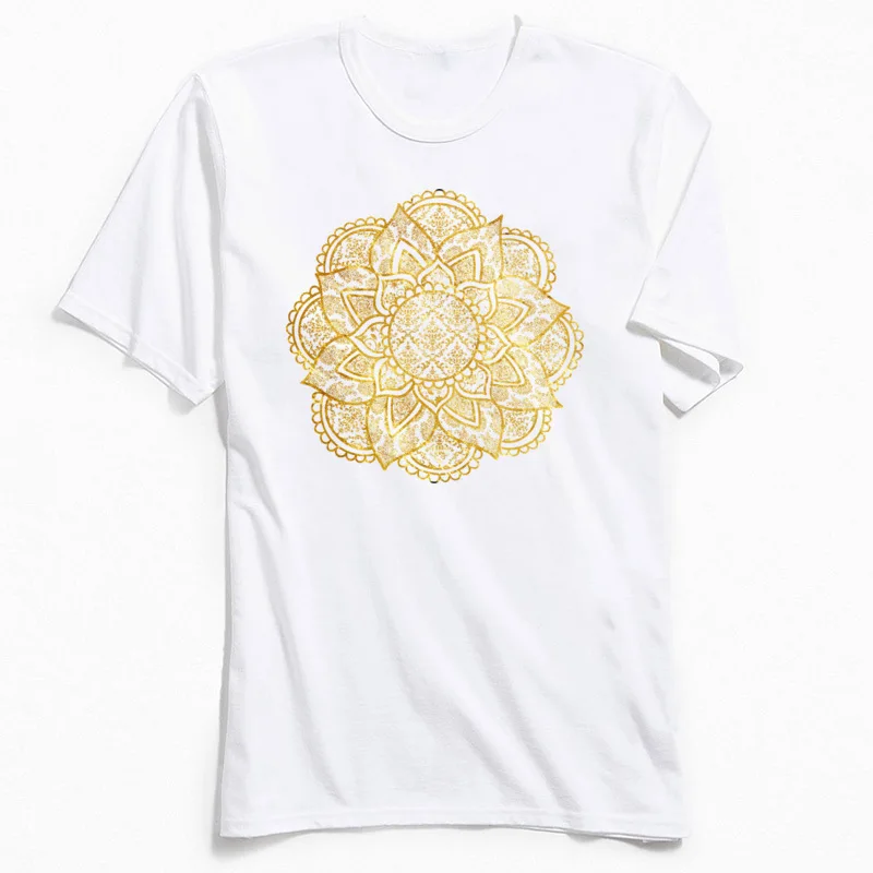 Punk Men Tshirt Green T Shirt Mandala Fancy Golden Geometric T-shirts 100% Cotton O Neck Mens Tops Tees Vintage Design