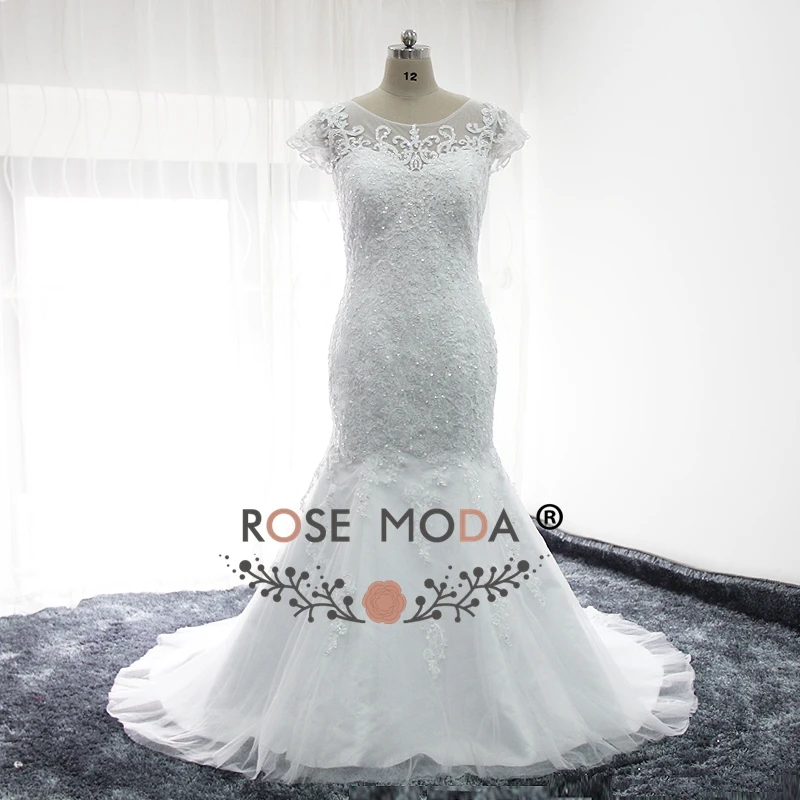 Rose Moda Short Sleeves Mermaid Wedding Dress with Removable Skirt Real Photos