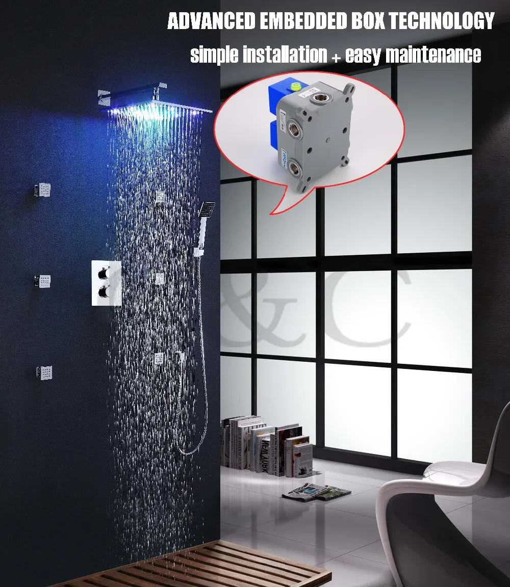 

Bathroom Rainfall Thermostatic Shower Faucet 12 Inch Rainfall LED Shower Head Easy Installation With Embedded Box 002T-12C-2