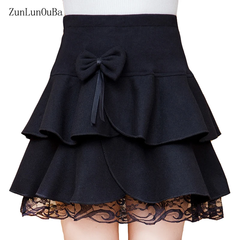 Zuolunouba Spring Autumn England Style Lace Half-length Skirt Women A-line High-waist Elasticity Wool Black Short Skirt Lady