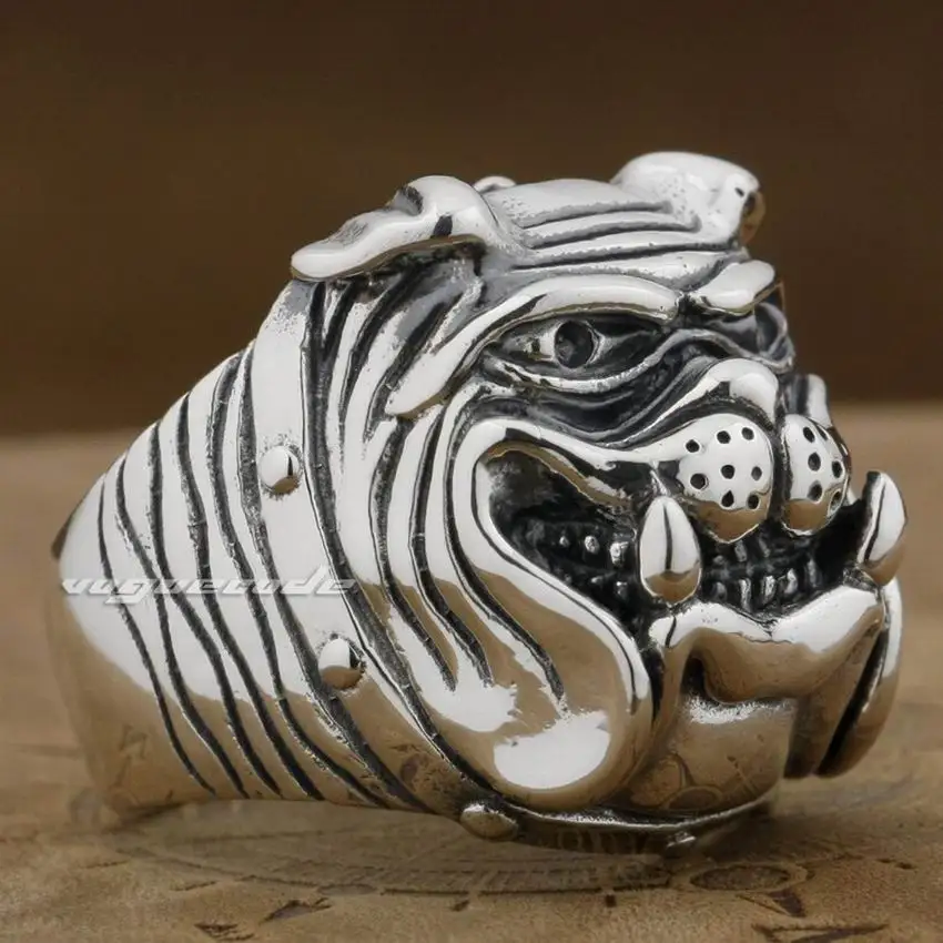 Huge Heavy 925 Sterling Silver Cute Bulldog Ring Mens Biker Punk Ring 8E011 US Size 7 to 15