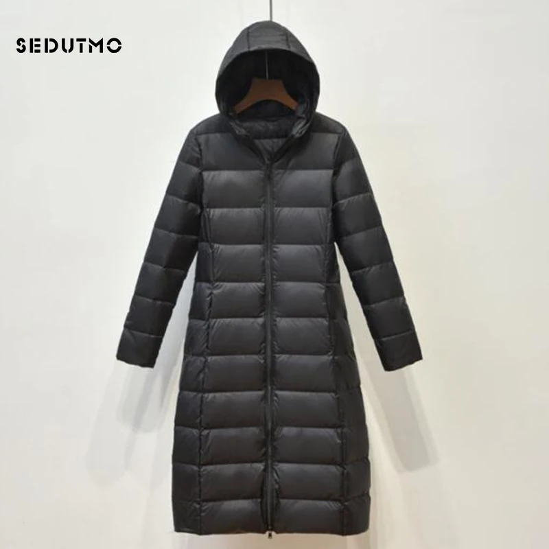 SEDUTMO Spring Long Duck Down Jackets Women Ultra Light Autumn Hooded Coat  Puffer Jacket Slim Black Parkas ED776