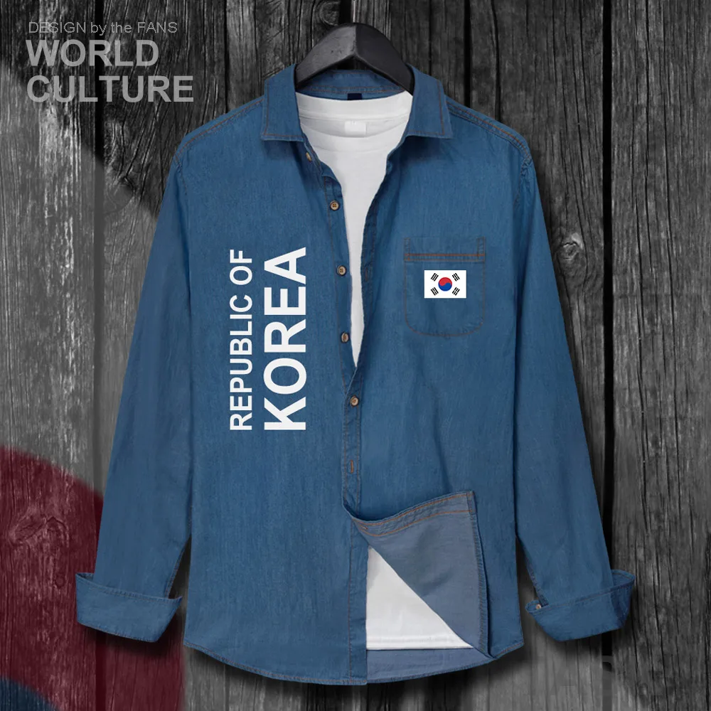 Republic of Korea South KOR Korean KR Daehan Minguk Men Clothes Autumn Cotton Flag Turn-down Jeans Shirt Long Sleeve Cowboy Coat