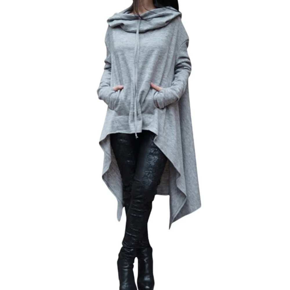 Autumn Winter Women Irregular Draw Cord Coat Long Sleeve Loose Casual Poncho Hooded Pullover Long Hoodies Sweatshirts