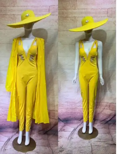 แฟชั่นการออกแบบใหม่ 6 สีเซ็กซี่ Stage Dance Wear Jumpsuit หมวกประสิทธิภาพ Bodysuit เครื่องแต่งกายชุดทีมชุดเสื้อผ้า