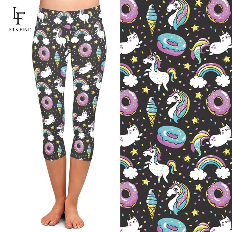 Summer Women High Waist Capri Leggings 3d Unicorn Rainbow Star Cat Donuts Print Legging Sexy Woman Mid-Calf 3/4 Stretch Pants