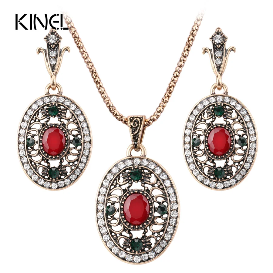 Kinel 2Pcs Turkey Wedding Jewelry Sets For Women Dubai Antique Gold Color Oval Earrings And Necklaces Retro Jewelry Crystal Gift