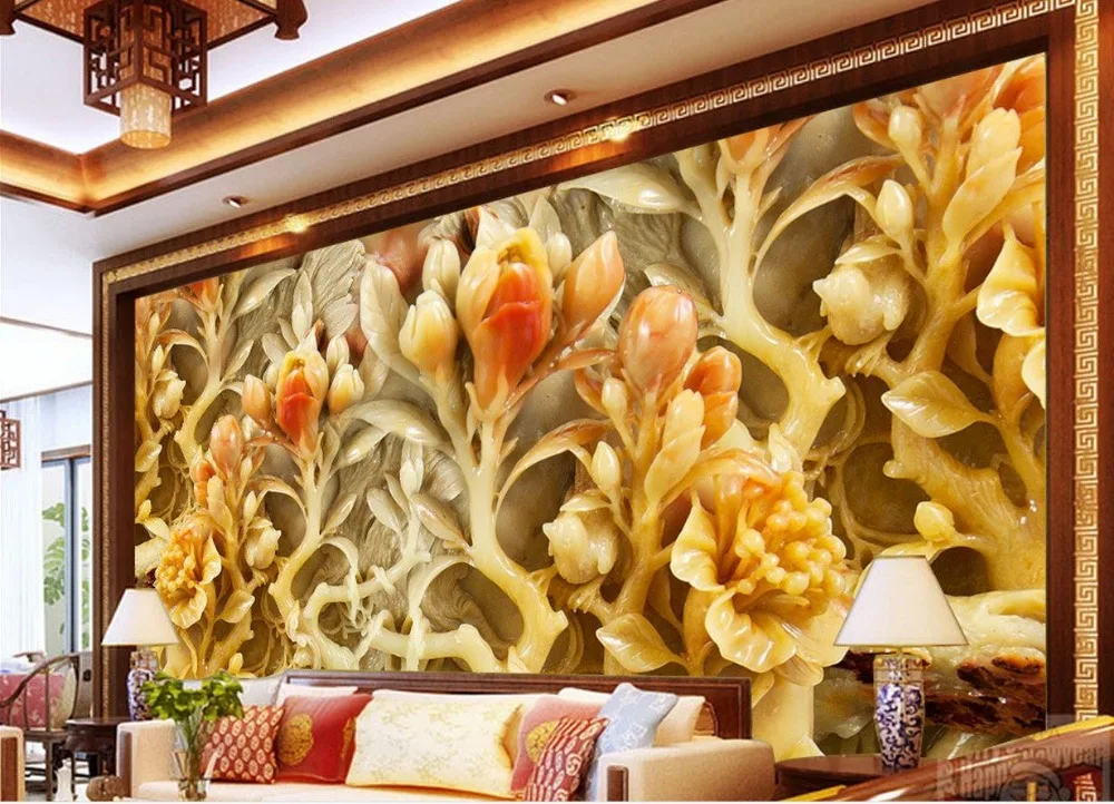 

wallpaper 3d mura Jade relief orchid Custom photo wallpaper 3D stereoscopic wallpaper living room TV background wall