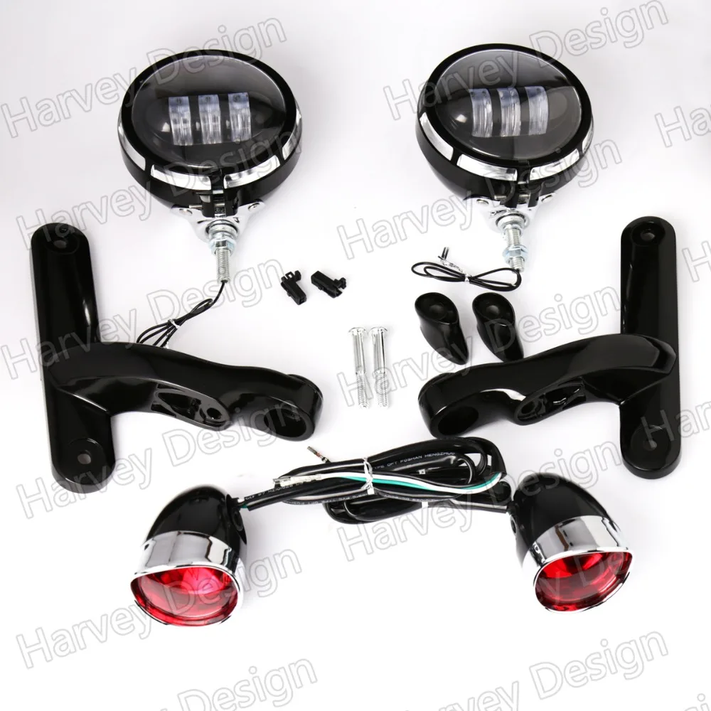 Burst LED Auxiliary Lighting Black Brackets With Trim Turn Signals Red Lens For Harley Road King 96-16