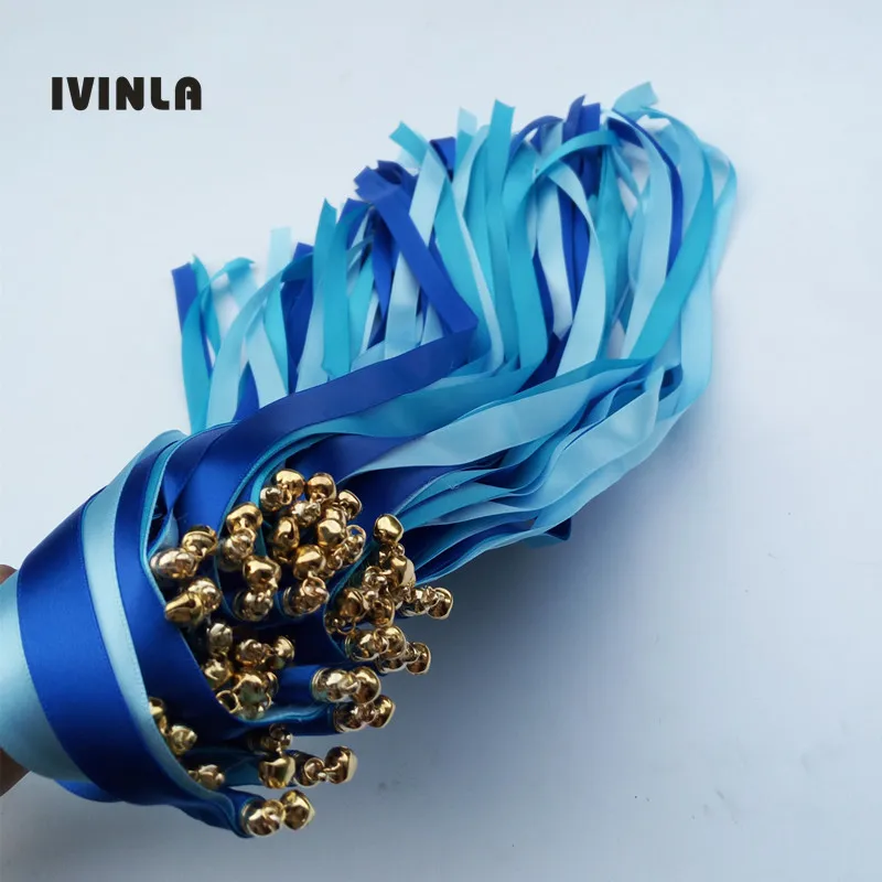 Hot Selling 50pcs/lot blue and light blue wedding ribbon wands with gold bell