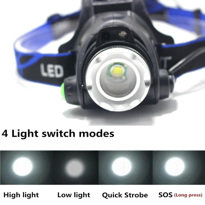 LED ไฟหน้า 8000 Lumens XML T6 XM-L2 ไฟหน้าโคมไฟ 4 โหมดกันน้ำไฟฉายไฟฉาย 18650 แบตเตอรี่ชาร์จใหม่ล่าสุด