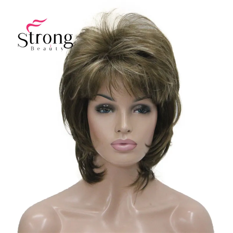 StrongBeauty Short Fluffy Layered Light Brown Highlighted Classic Cap Full Synthetic Wig Women's Hair Wigs COLOUR CHOICES
