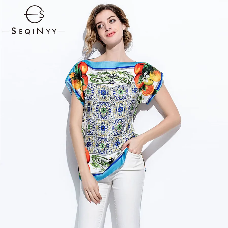 

SEQINYY Orange Fruits Printed Blue Porcelain Blouse Runway Short Sleeve Loose Top Summer Fashion