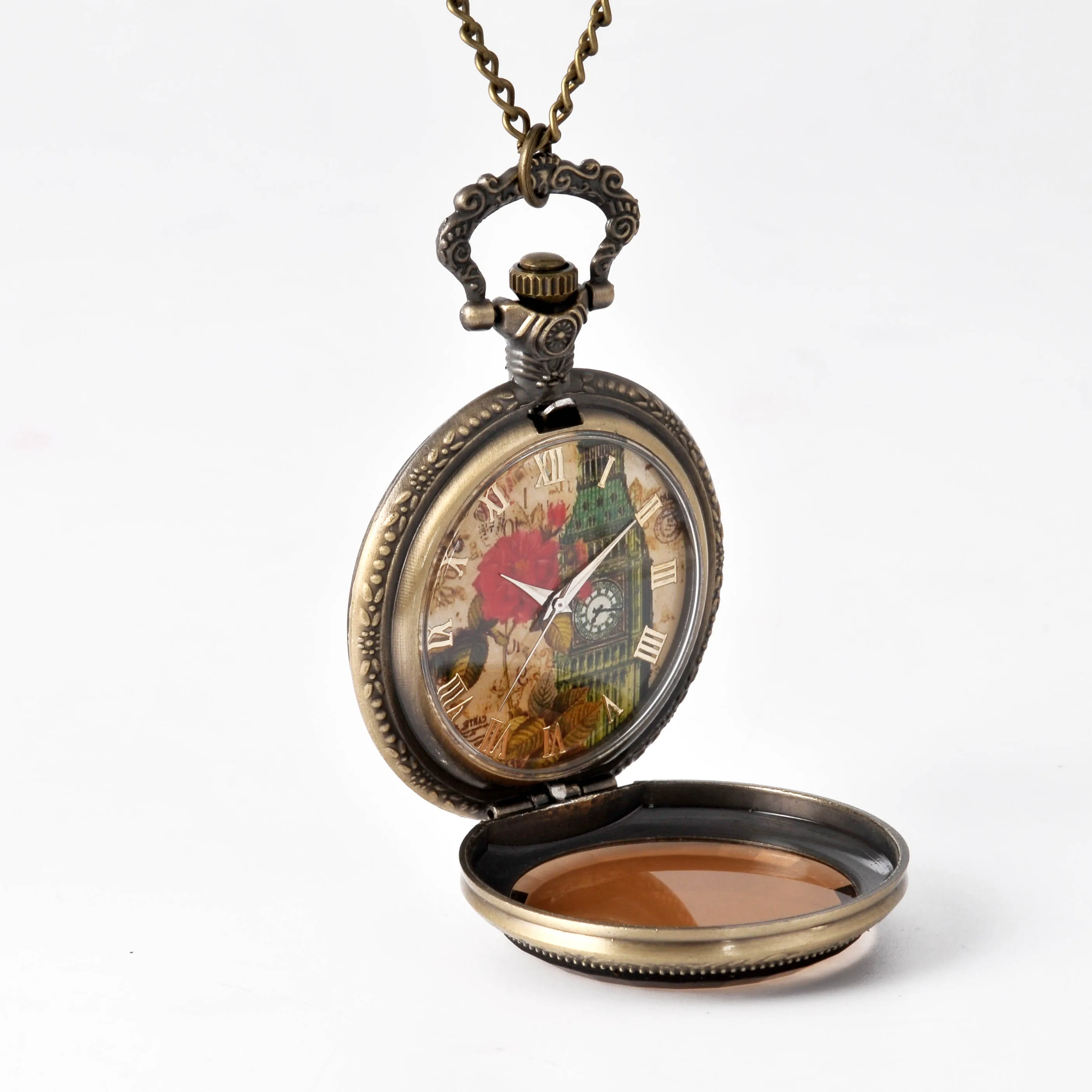 8848Trend retro brown glass Roman numerals inside color Big Ben clock pattern Chic pointer quartz pocket watch